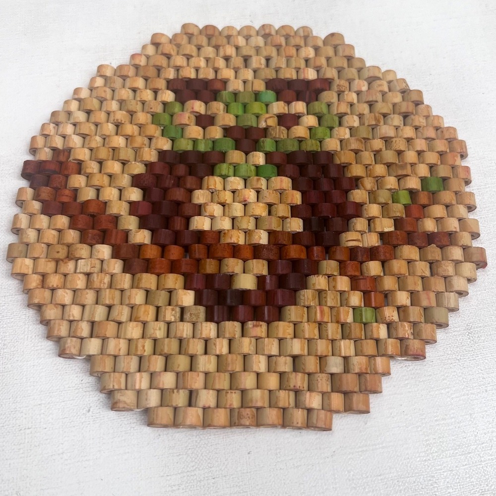 Vintage Beaded Wood Owl Trivet Round Brown Green Handmade Kitchen Hot Pad 7n